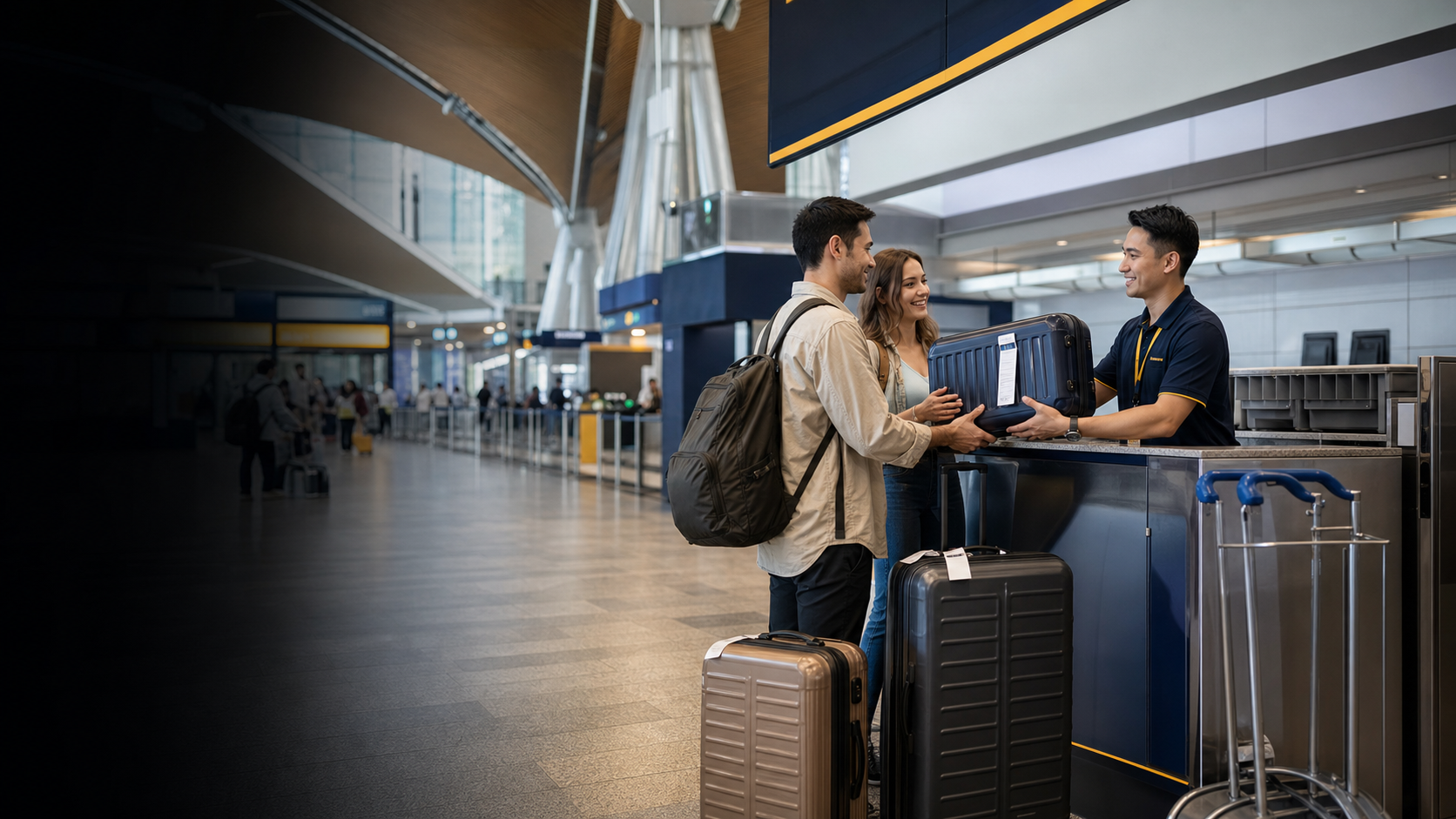 Travellers checking luggage at a BaggageSolutions airport counter