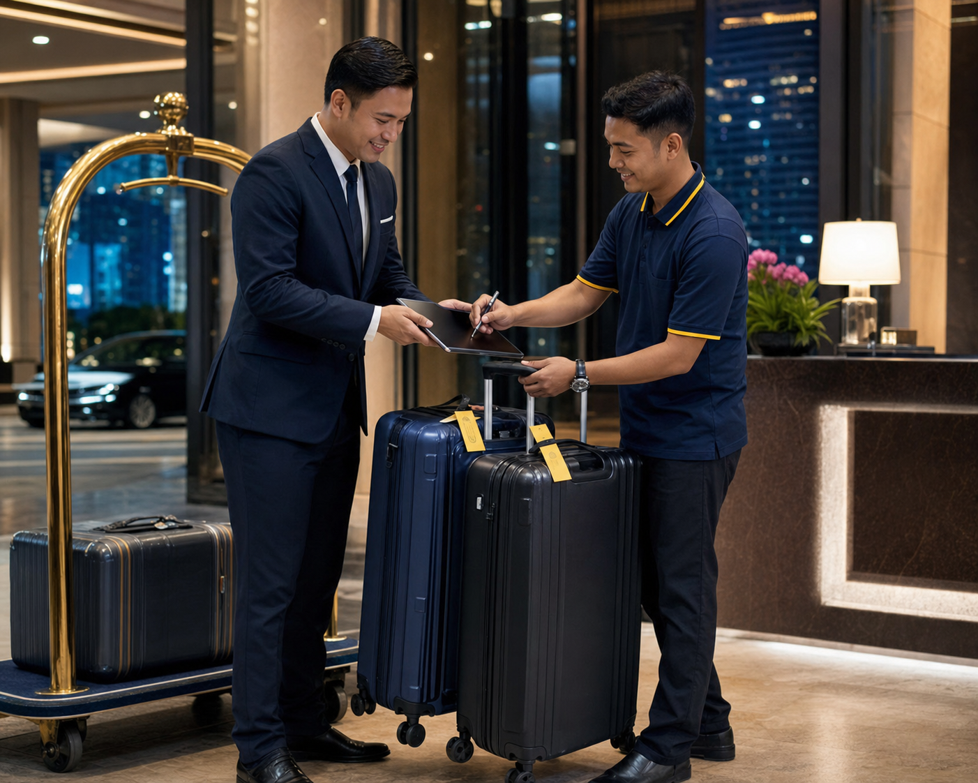 BaggageSolutions courier delivering tagged luggage to a hotel lobby