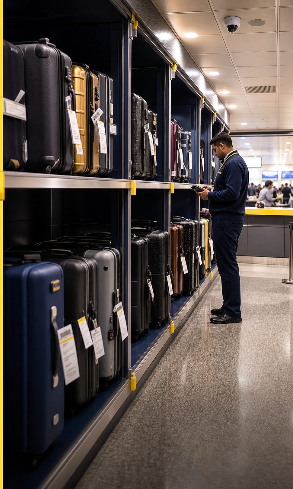 Secure airport luggage storage aisle with tagged suitcases