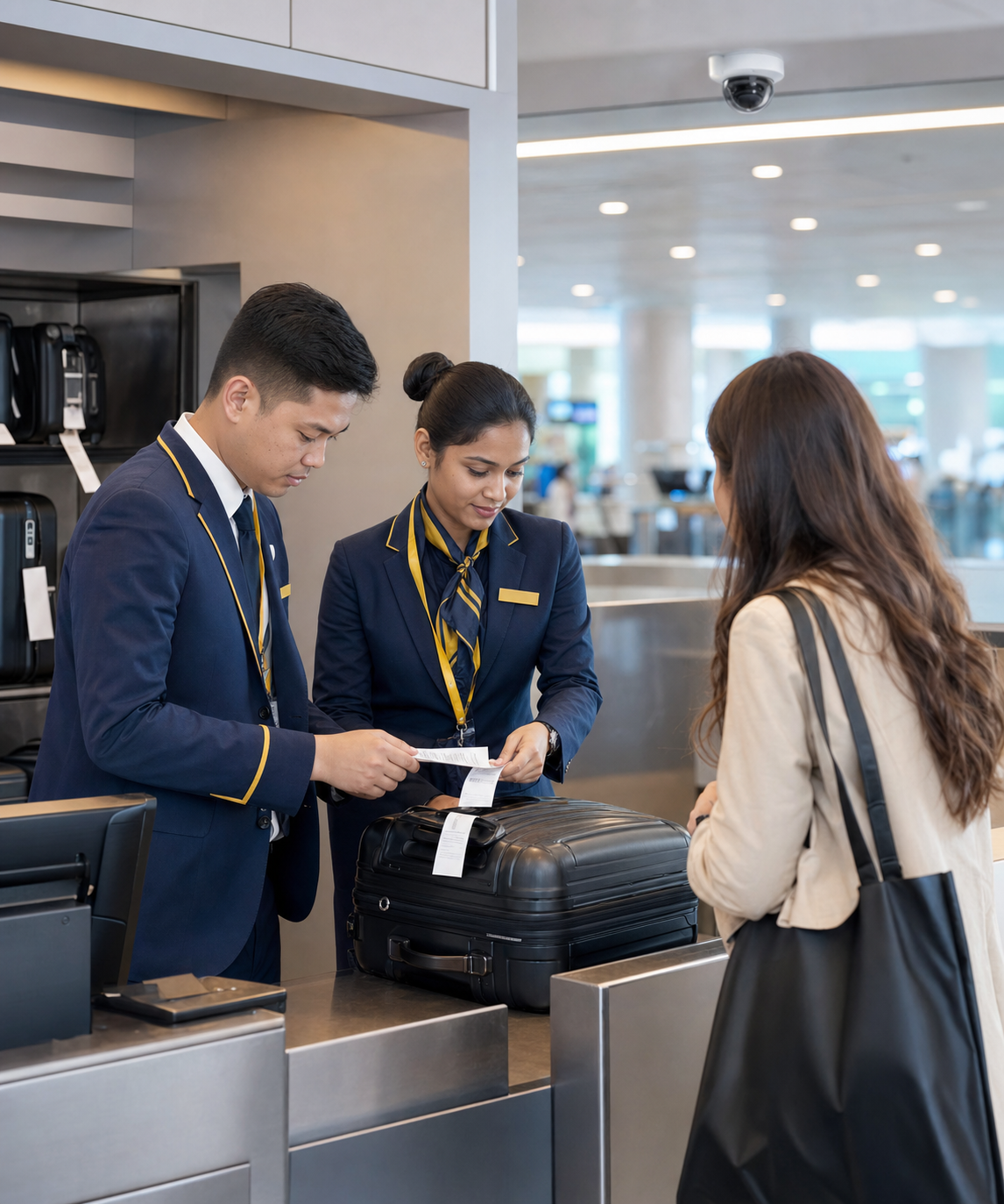 Uniformed BaggageSolutions staff verifying a luggage handover