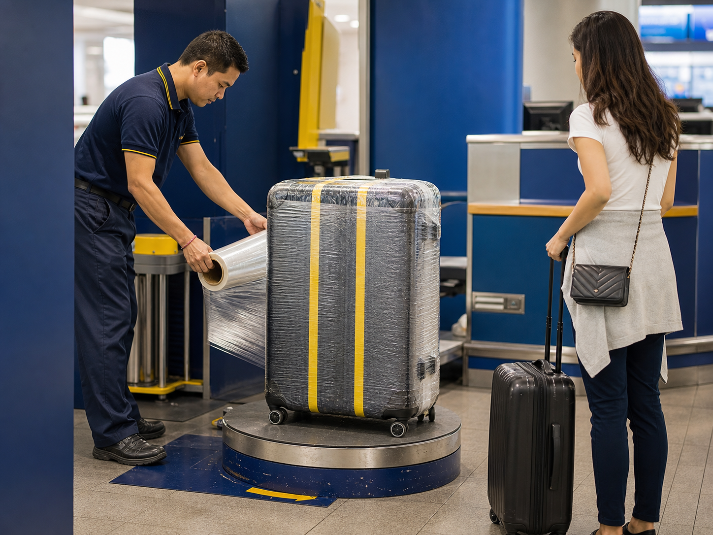 Airport luggage wrapping service with protective film and straps